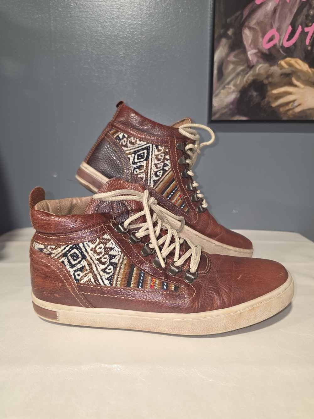 inkkas Brown Leather Ankle Camping Boots Patterned Textile Panels Women's SZ 10